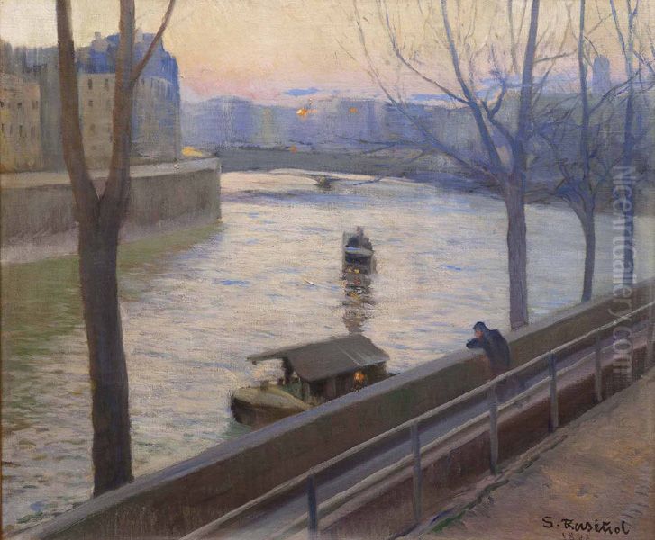 Crepuscle. Ile Saint-Louis. Paris Oil Painting by Santiago Rusinol i Prats