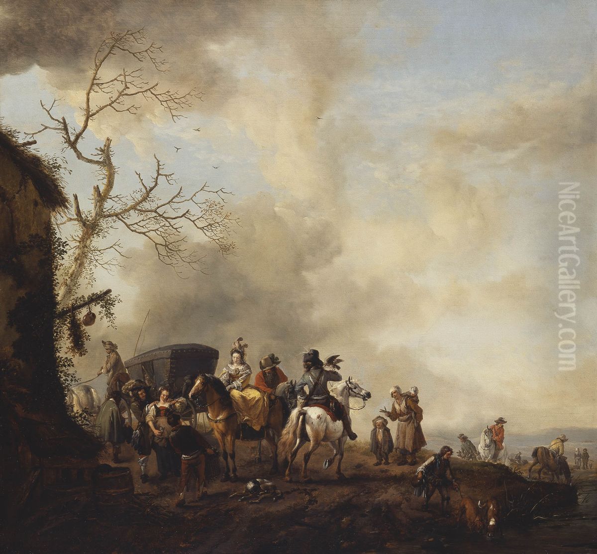 The Halt of a Hawking Party at a Wayside Inn Oil Painting by Philips Wouwerman