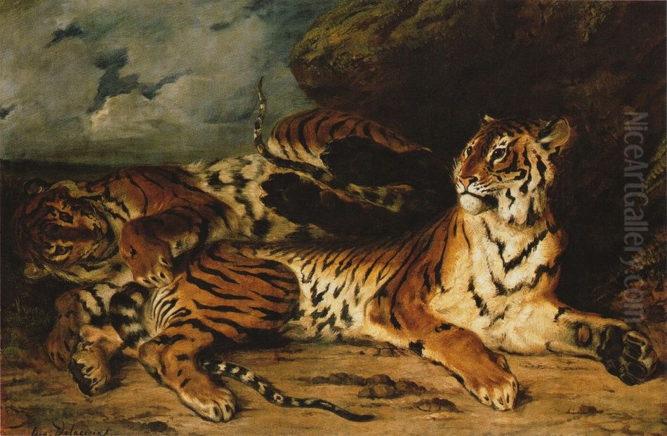 A Young Tiger Playing with its Mother Oil Painting by Eugene Delacroix