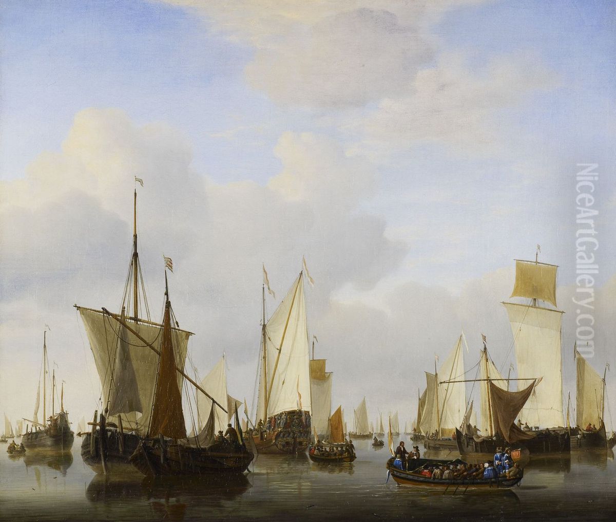 A Calm with a States Yacht, A Barge and many other Vessels under Sail Oil Painting by Willem van de Velde the Younger