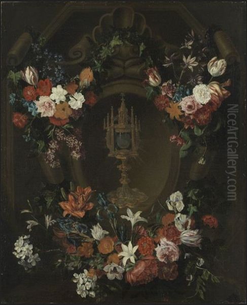 Flower garland around a monstrance Oil Painting by Peter Van Kessel