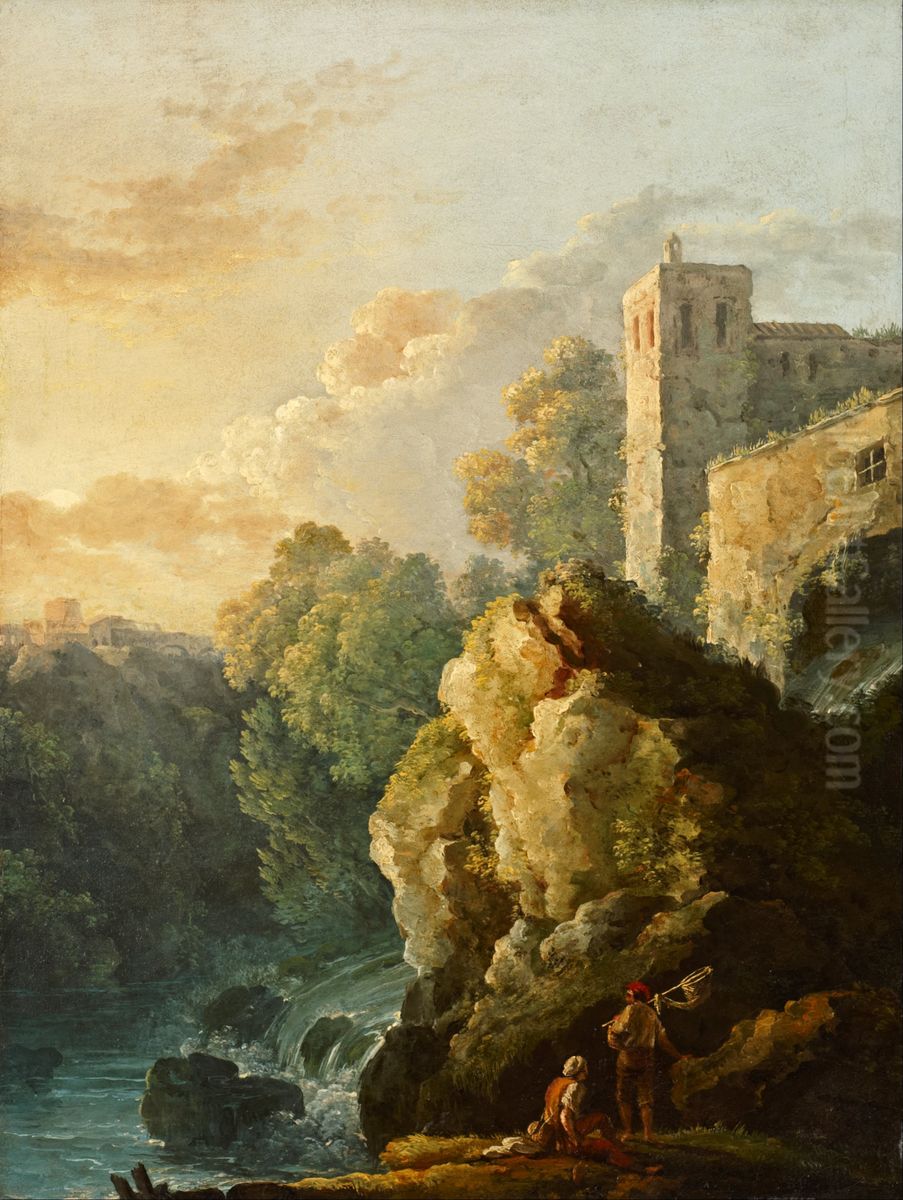 Castle and Waterfall Oil Painting by Carlo Bonavia