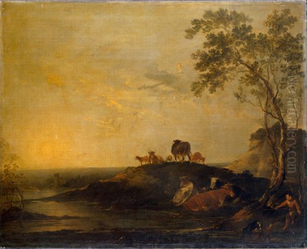 Landscape with Cattle (Cows on a Hillock by a Stream) Oil Painting by Francis Bourgeois