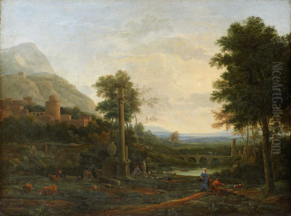 Landscape with a Column and Figures Oil Painting by Claude Lorrain (Claude Gellee)