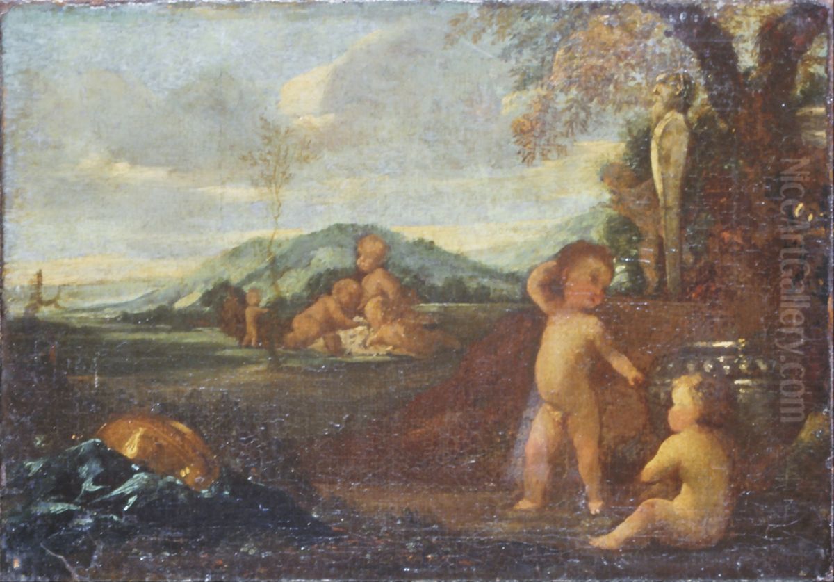 Putti in a Landscape Oil Painting by Nicolas Poussin