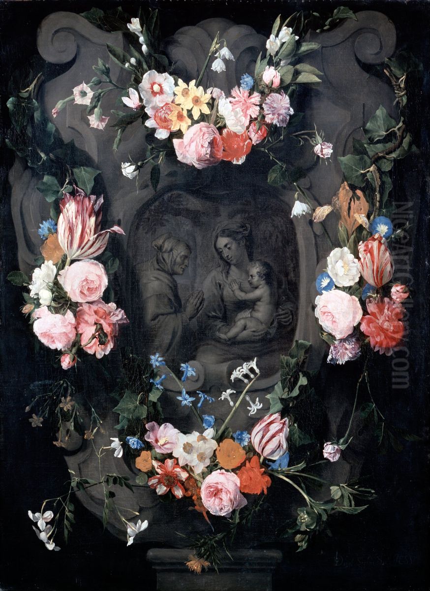 Cartouche with the Virgin and Child and Saint Anne Oil Painting by Daniel Seghers