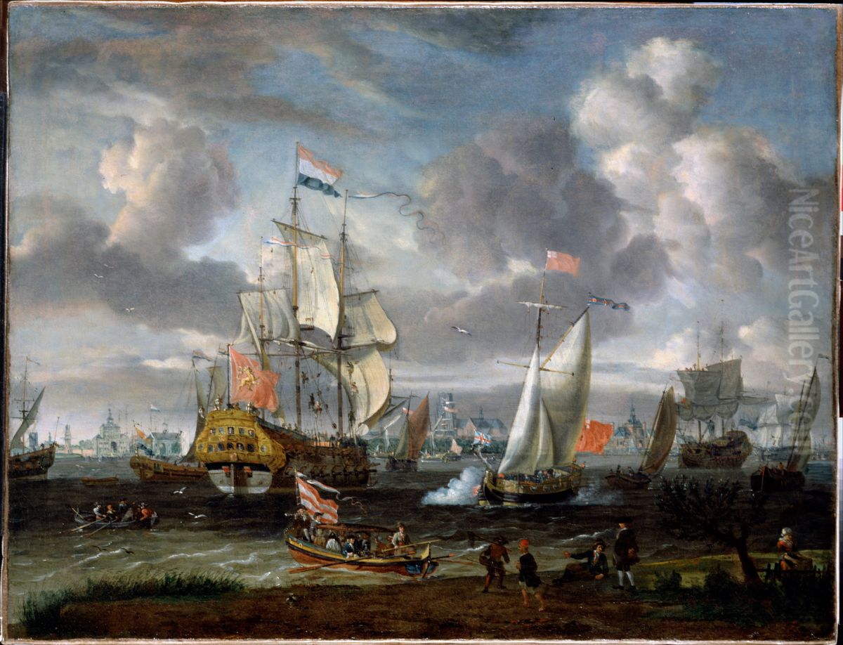 An English Yacht saluting a Dutch Man-of-War in the port of Rotterdam Oil Painting by Abraham Storck