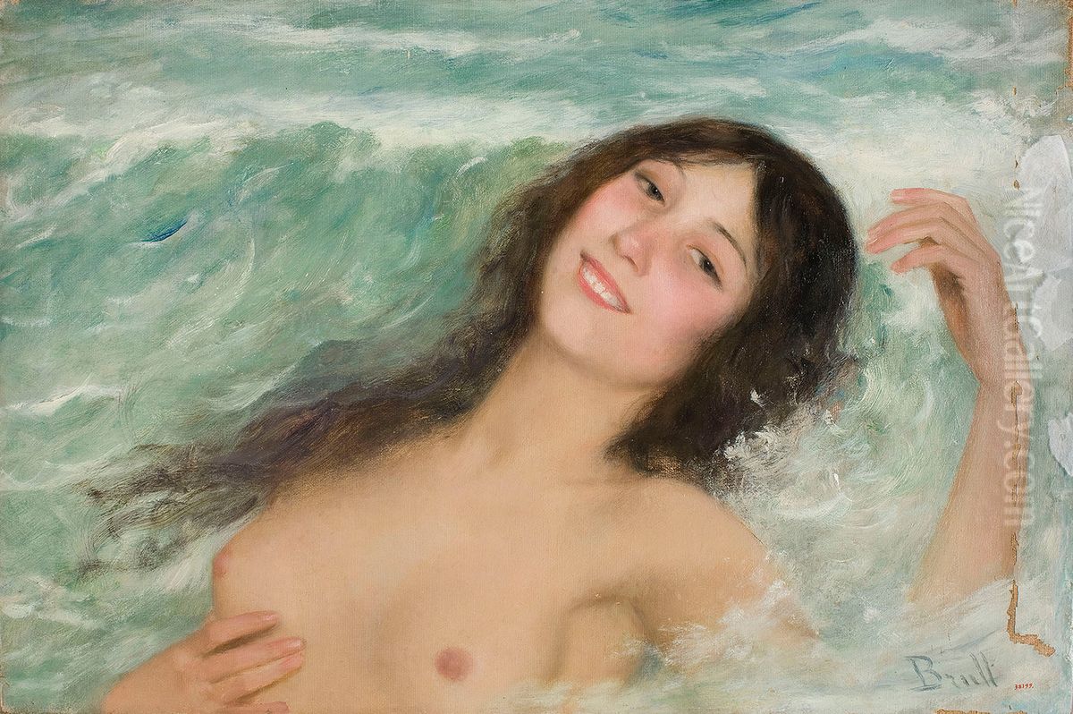 Naked Female Bust Between the Waves Oil Painting by Joan Brull Vinyoles