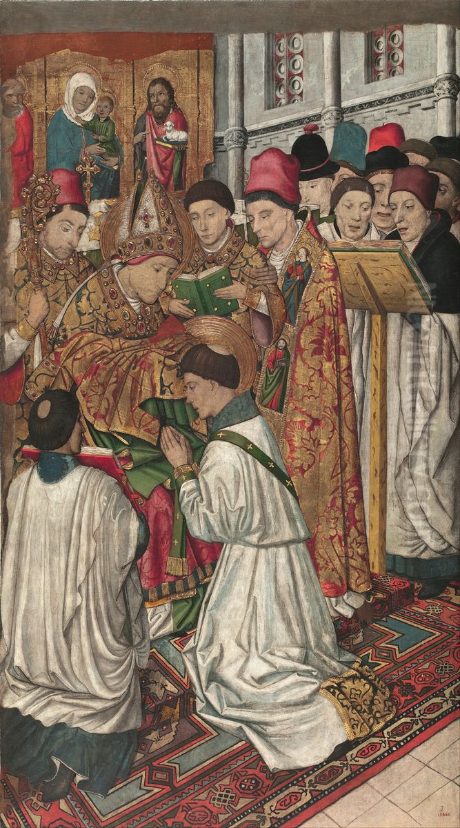 Saint Vincent Ordained by Saint Valerius Oil Painting by Jaume Huguet