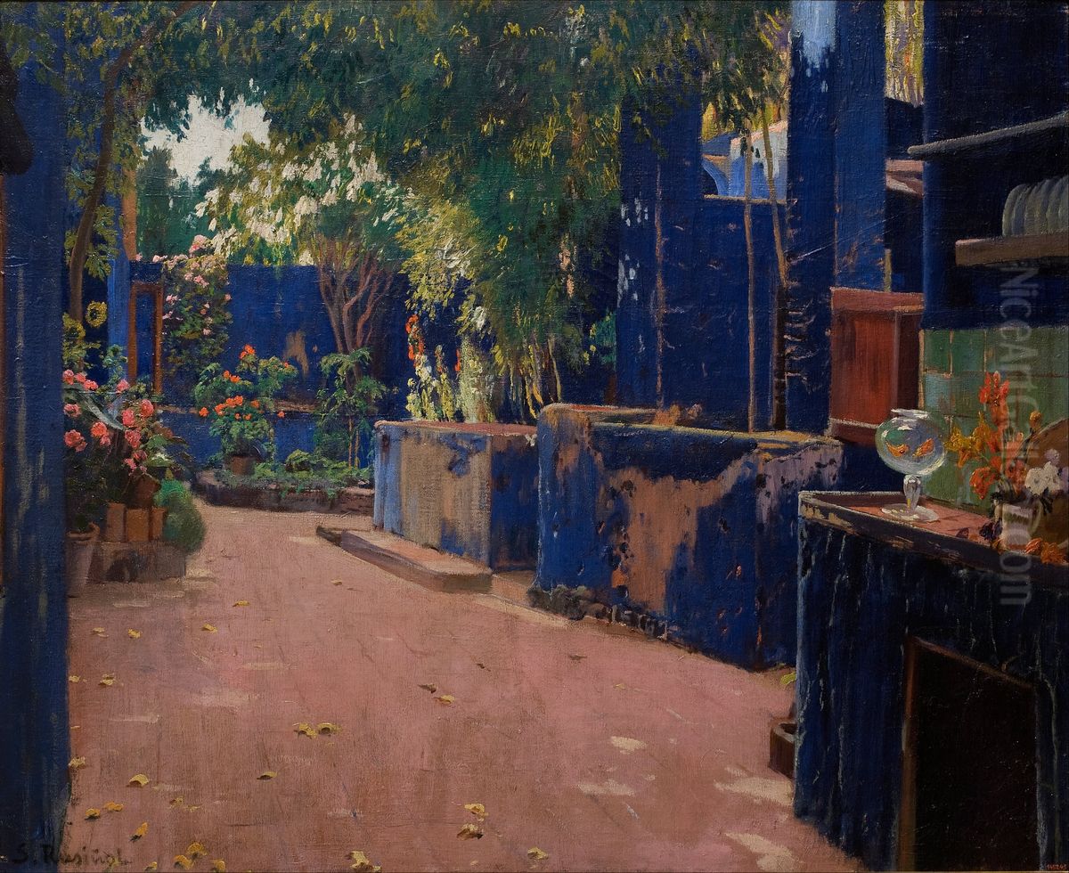 Blue Courtyard. Arenys de Munt Oil Painting by Santiago Rusinol i Prats