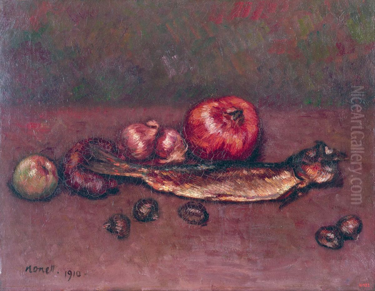 Still Life with Onions and Herring Oil Painting by Isidre Nonell