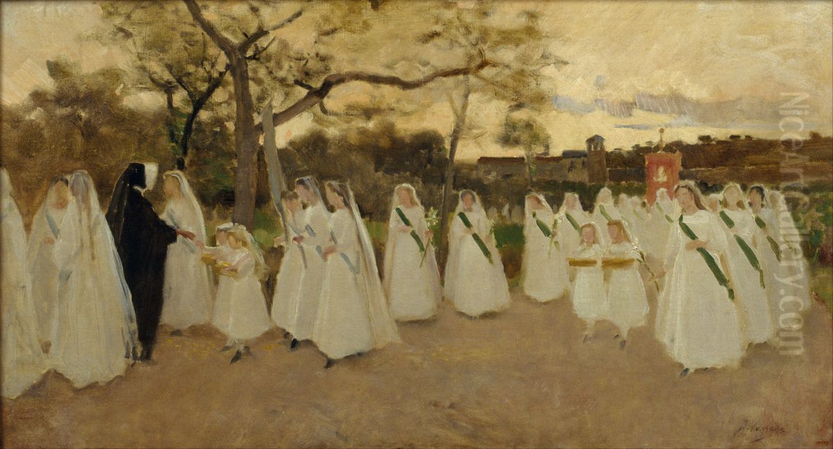 Procession of Schoolgirls Oil Painting by Joaquim Vayreda i Vila