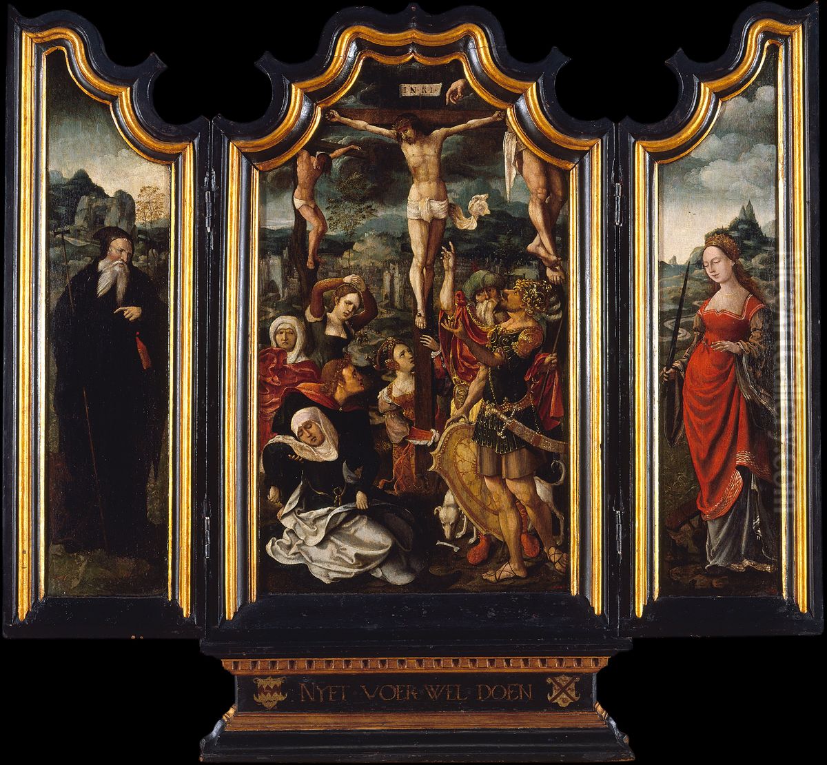 Triptych with Calvary, Saint Anthony the Abbot and Saint Catherine Oil Painting by Master Of The Von Groote Adoration