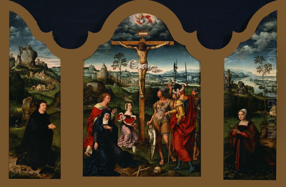 The Crucifixion Flanked by the Kneeling Donor and His Wife Oil Painting by Joos Van Cleve The Crucifixion Flanked by the Kneeling Donor and His Wife Oil Painting by Joos Van Cleve