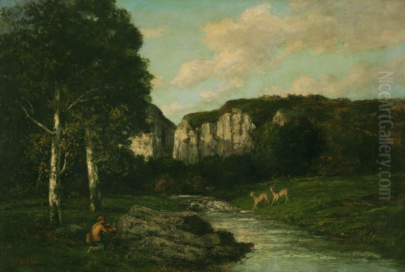 Landscape with a Hunter Oil Painting by Gustave Courbet