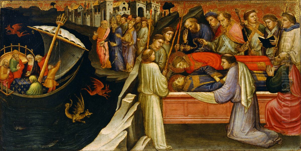 Devils Agitating the Sea as Giuliana Transports the Body of St. Stephen from Jerusalem to Constantinople / The Re-interment of St. Stephen beside St. Lawrence in Rome Oil Painting by Mariotto Di Nardo