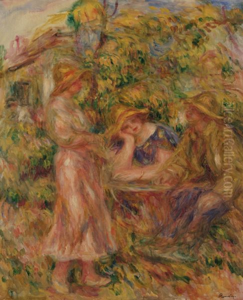 Three Figures in Landscape Oil Painting by Pierre Auguste Renoir