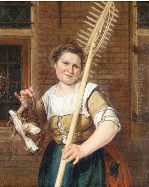 Hay Farmwife, or Hay worker in front of a house Oil Painting by Gerrit Zegelaar