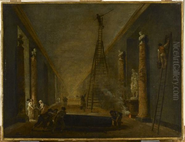 The Grande Galerie of the Louvre Undergoing Renovation Works, circa 1798-99 Oil Painting by Hubert Robert