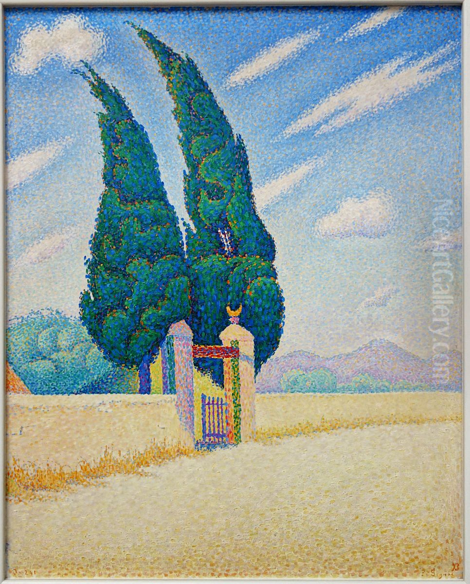 Two Cypresses Oil Painting by Paul Signac