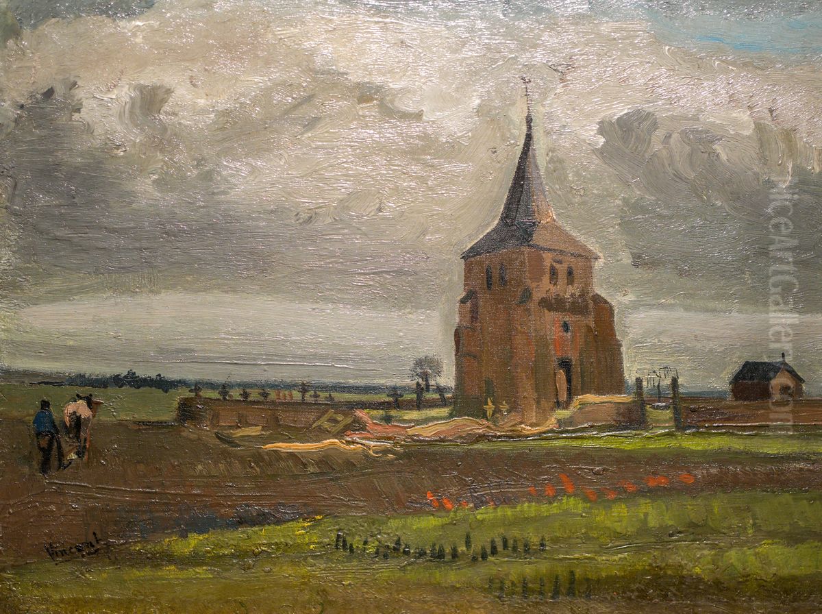 The old cemetery-tower in Nuenen with plowing farmers Oil Painting by Vincent Van Gogh