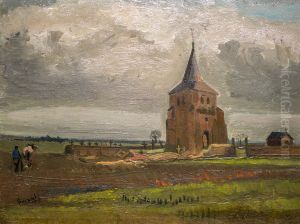 The old cemetery-tower in Nuenen with plowing farmers