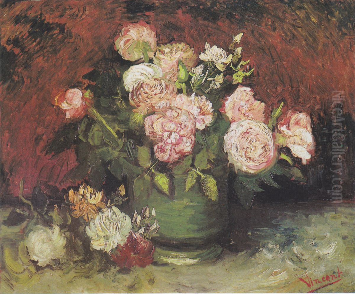 Schale mit Pfingstrosen und Rosen Oil Painting by Vincent Van Gogh