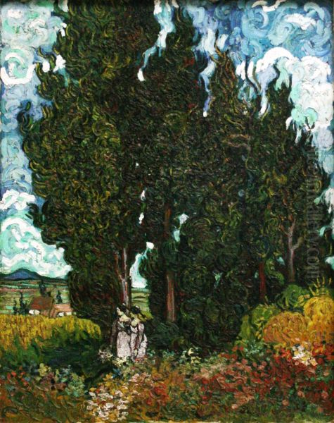 Cypresses with two figures Oil Painting by Vincent Van Gogh