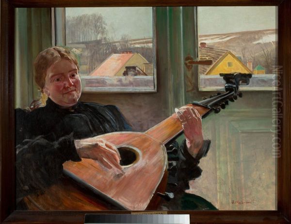 Portrait of artist's sister Helene with lute Oil Painting by Jacek Malczewski
