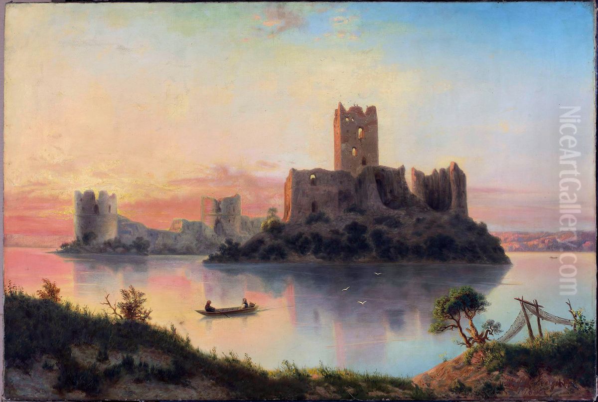 Ruins of the Trakai Island Castle at sunset Oil Painting by Jozef Marszewski Ruins of the Trakai Island Castle at sunset Oil Painting by Jozef Marszewski