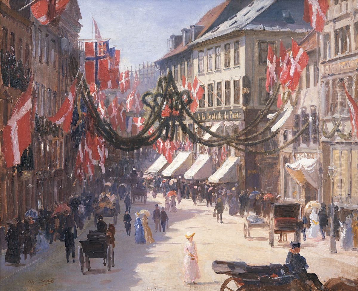 Flag Day in Copenhagen on a Summer Day, in Vimmelskaftet Oil Painting by Otto Bache
