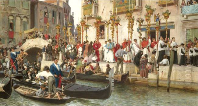 Bridge on the Riva degli Schiavoni - A Procession in Venice Oil Painting by Ludwig Passini