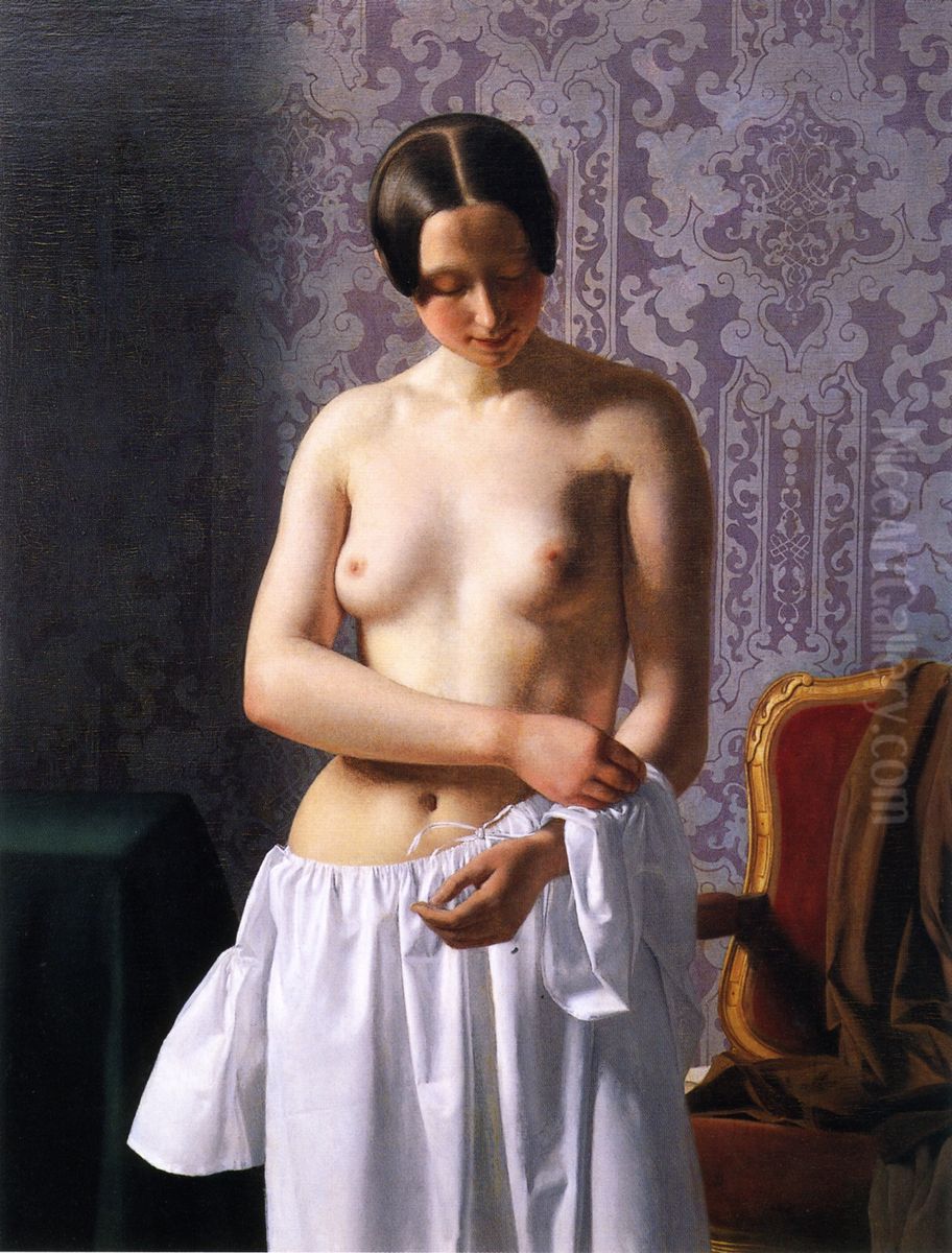 Modelstudie, en ung pige klaeder sig af Oil Painting by unknown