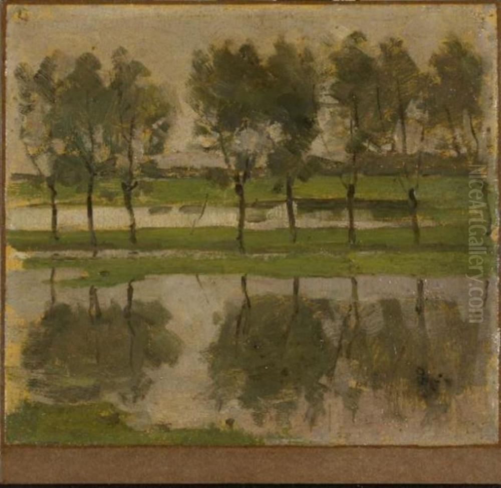 Row of eight young willows reflected in the water Oil Painting by Piet Mondrian