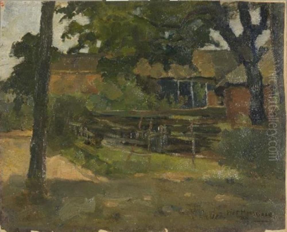 Farmstead in Het Gooi, viewed between trees and over fence Oil Painting by Piet Mondrian