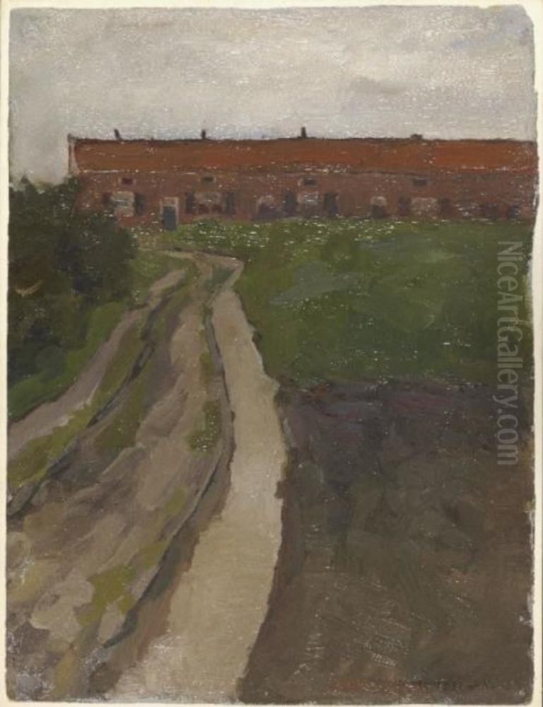 Gezicht op een rij huizen met een landweg Oil Painting by Piet Mondrian