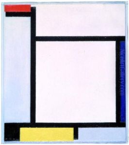 Composition with red, blue, black, yellow and grey