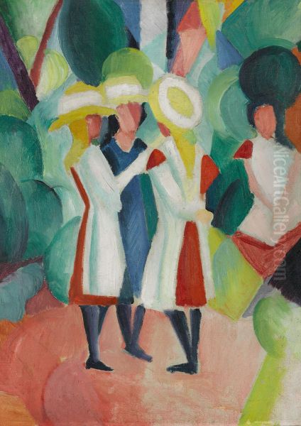Three girls in yellow straw hats I Oil Painting by August Macke