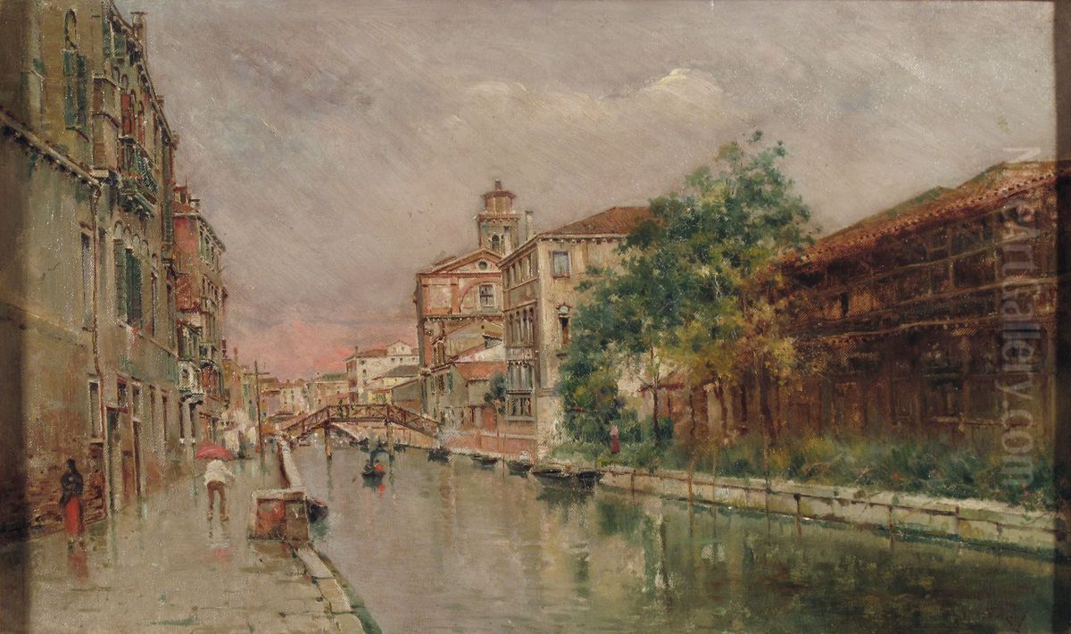 Venetian Canal under the Rain Oil Painting by Antonio Reyna Manescau