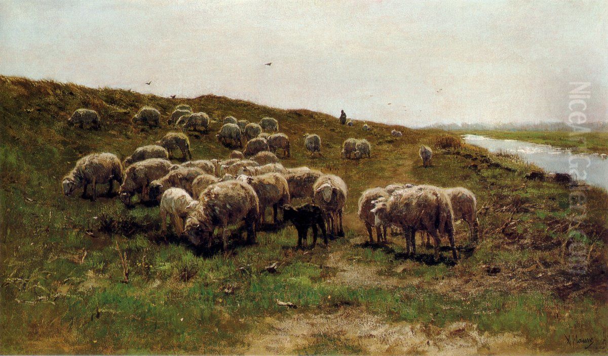 Flock of sheep on a dike Oil Painting by Anton Mauve