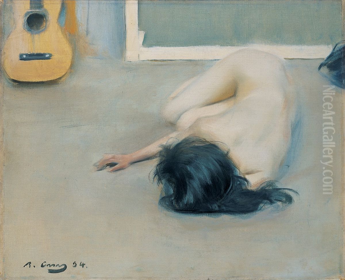 Nu femeni amb guitarra Oil Painting by Ramon Casas