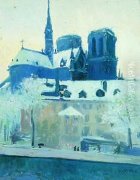 Vista de l'absis de Notre Dame de Paris, sota la neu Oil Painting by Miquel Utrillo