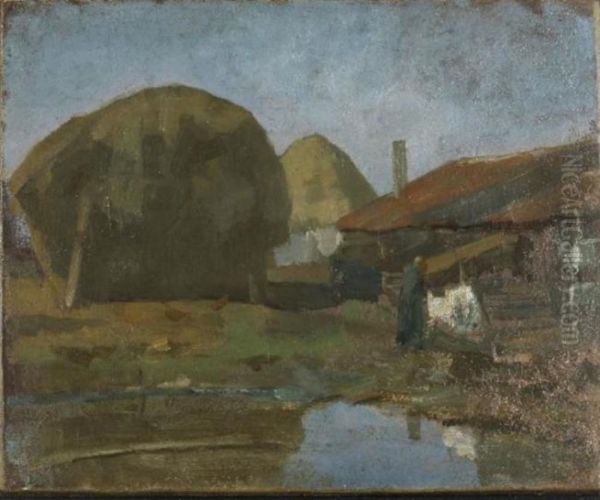 Haystacks, farm building and farm woman with the wash Oil Painting by Piet Mondrian