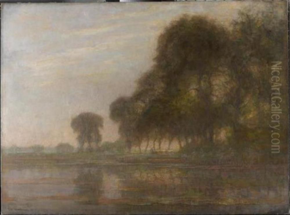 Bend in the Gein with poplars, three isolated, and farm woman with cows Oil Painting by Piet Mondrian