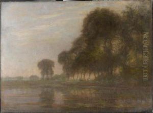 Bend in the Gein with poplars, three isolated, and farm woman with cows