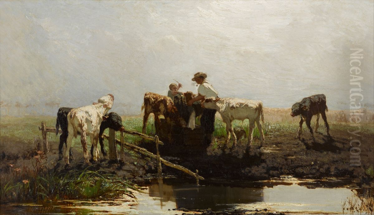 Calves at a trough Oil Painting by Willem Maris