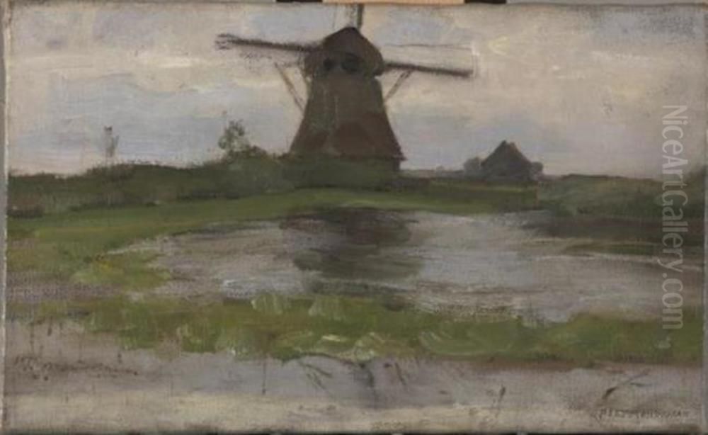 Oostzijdse mill viewed from downstream with mill at center Oil Painting by Piet Mondrian