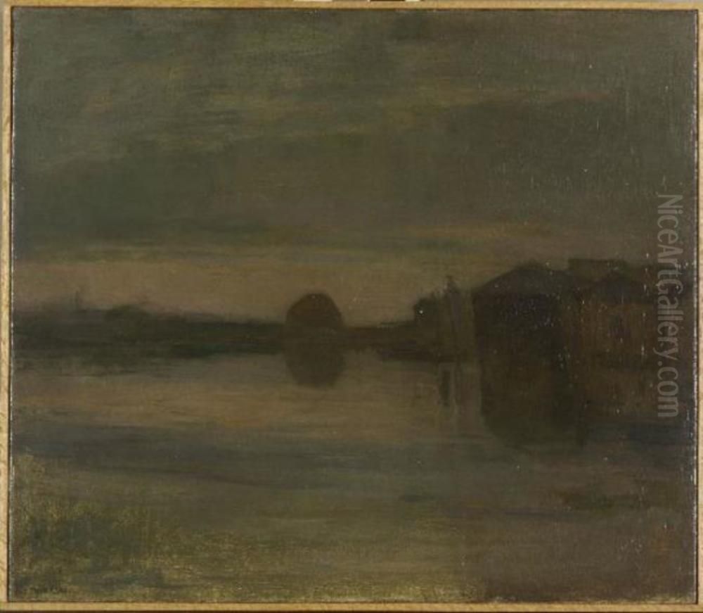 Riverscape in the evening, buildings at right Oil Painting by Piet Mondrian