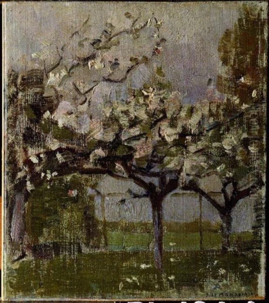 Blossoming trees before a haystack Oil Painting by Piet Mondrian