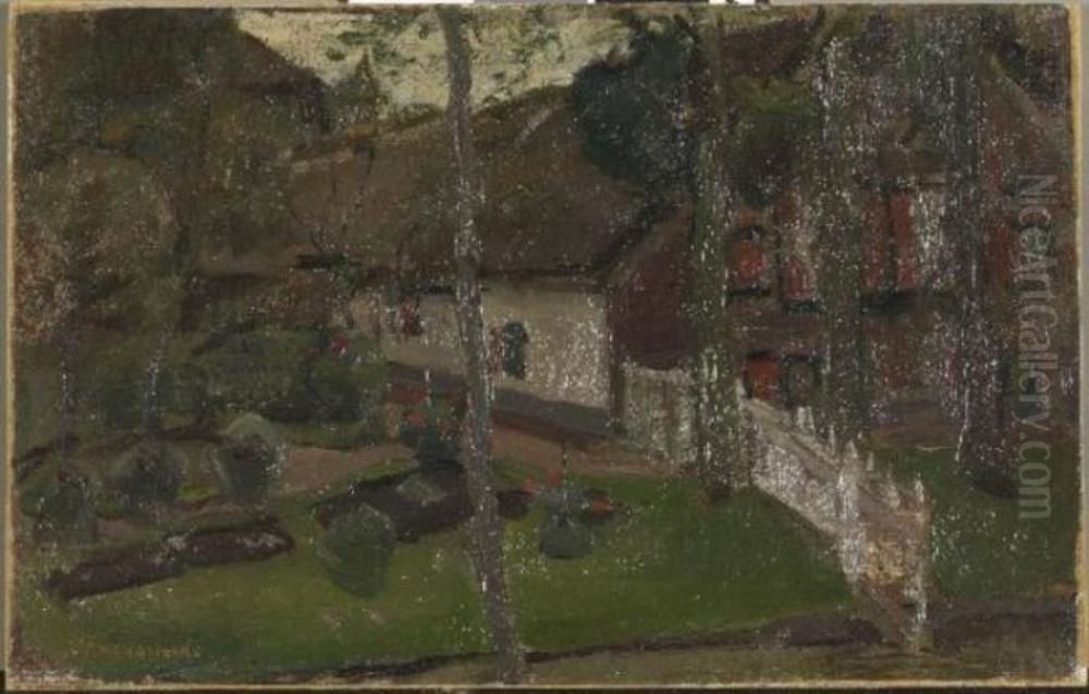 Farm building with fence reaching to the water Oil Painting by Piet Mondrian